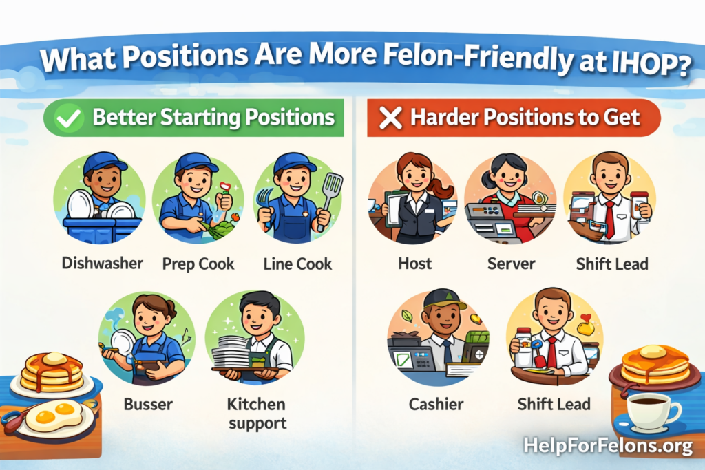 Cartoon infographic showing which IHOP jobs are more felon-friendly, with dishwasher, prep cook, line cook, busser, and kitchen support as better starting positions, and host, server, cashier, and management roles as harder to get, plus a HelpForFelons.org watermark.