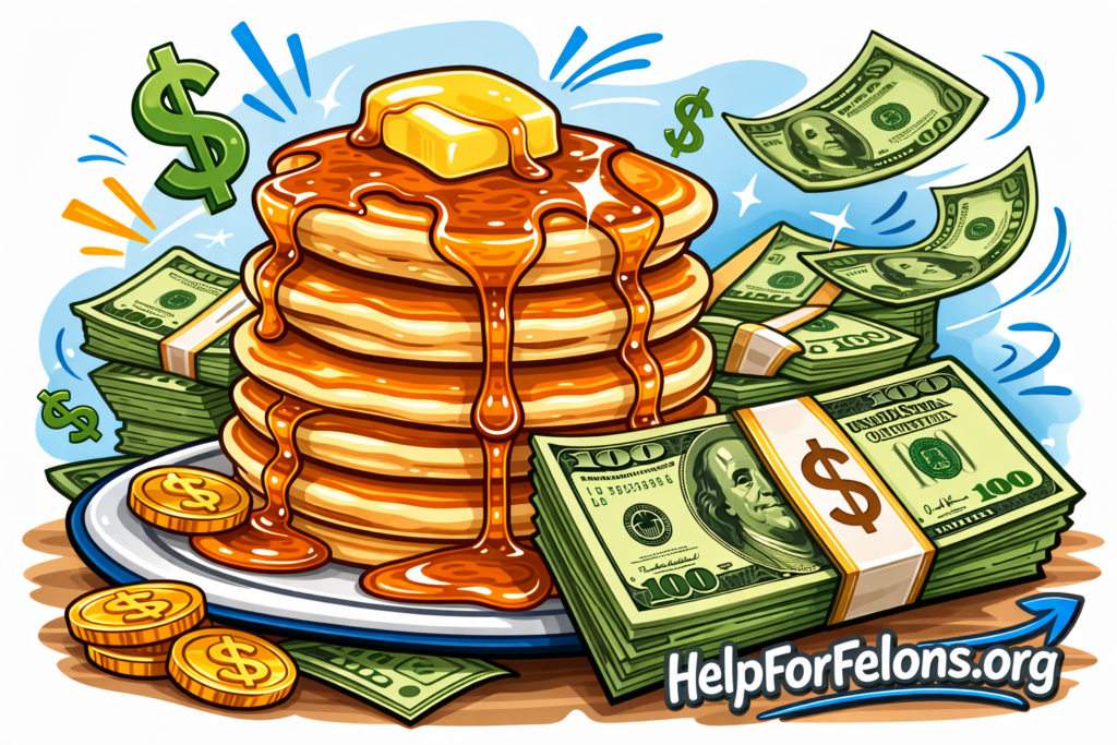 Cartoon image of a stack of syrup-covered pancakes surrounded by cash and coins, symbolizing IHOP earnings and tip potential, with a HelpForFelons.org watermark.