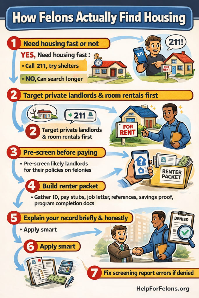 Infographic titled “How Felons Actually Find Housing” showing a step by step process including targeting private landlords, pre screening before paying, building a renter packet, explaining your record, applying smart, and fixing screening report errors after a denial.