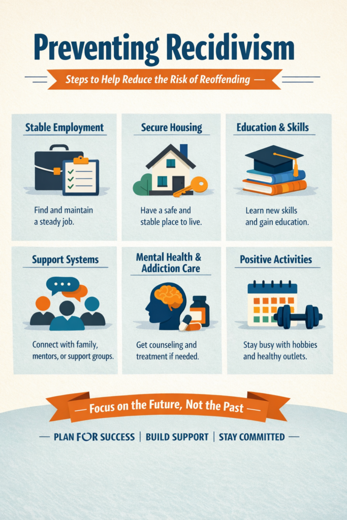 Infographic titled “Preventing Recidivism” showing six key areas that help reduce reoffending: stable employment, secure housing, education and skills, support systems, mental health and addiction care, and positive activities. The design uses simple icons such as a briefcase, house key, graduation cap, support group, brain and medicine, and a calendar with weights, with a banner at the bottom that says “Focus on the Future, Not the Past.”