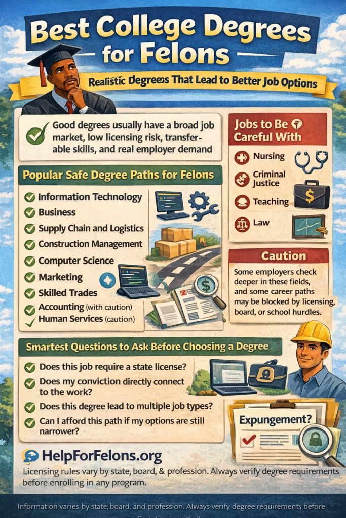 Infographic titled “Best College Degrees for Felons” showing safer degree paths such as information technology, business, supply chain and logistics, construction management, computer science, marketing, skilled trades, accounting with caution, and human services with caution, along with jobs to be careful with, questions to ask before choosing a degree, and an expungement reminder, with a visible HelpForFelons.org watermark.