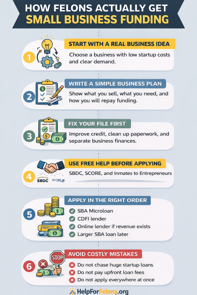 How felons get small business funding step by step infographic showing business plan, credit improvement, SBA microloans, and avoiding loan mistake