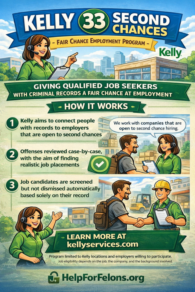 Infographic about the Kelly 33 Second Chances program showing a recruiter helping a job seeker with a criminal record connect to second chance employers, with step by step hiring visuals and a HelpForFelons.org watermark.