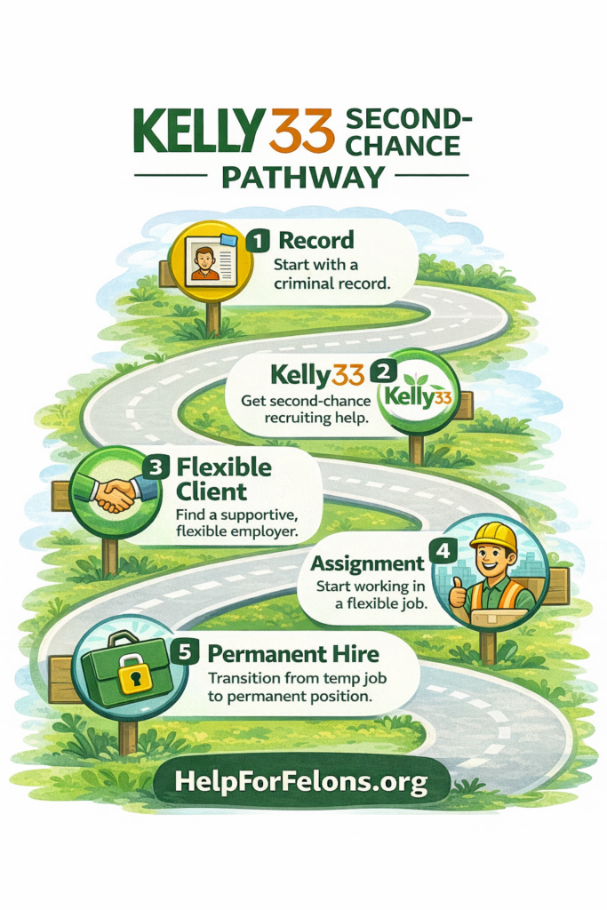 Infographic titled “Kelly 33 Second-Chance Pathway” showing a winding road with five steps: Record → Kelly 33 recruiting support → Flexible Client → Assignment → Permanent Hire. Includes icons for a resume, handshake, hard hat worker, and briefcase, with a HelpForFelons.org watermark at the bottom.