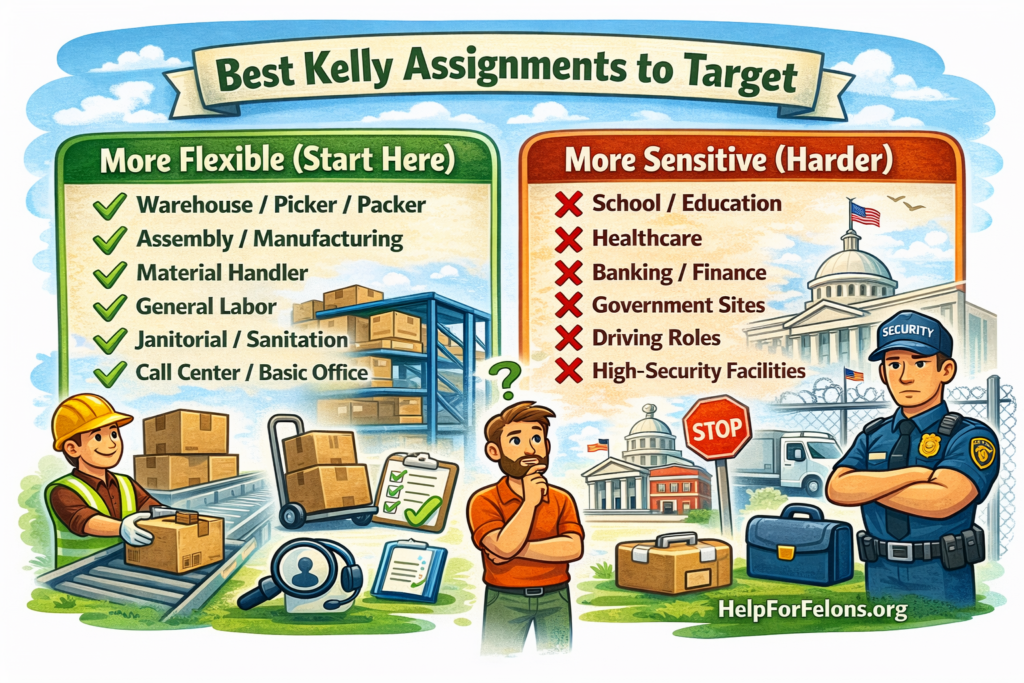 Best Kelly Assignments to Target infographic showing two columns: More Flexible (Start Here) with green checkmarks for warehouse, assembly, material handler, general labor, janitorial, and call center roles; and More Sensitive (Harder) with red X marks for school/education, healthcare, banking, government sites, driving roles, and high-security facilities. Cartoon-style warehouse worker, boxes, security guard, and government building illustrations with a HelpForFelons.org watermark at the bottom.