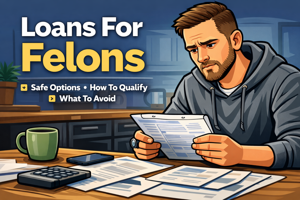 hero image for Loans For Felons showing a serious man in a gray hoodie reviewing loan paperwork at a table with a calculator, phone, coffee mug, and documents, with bold title text and tips about safe options, how to qualify, and what to avoid.
