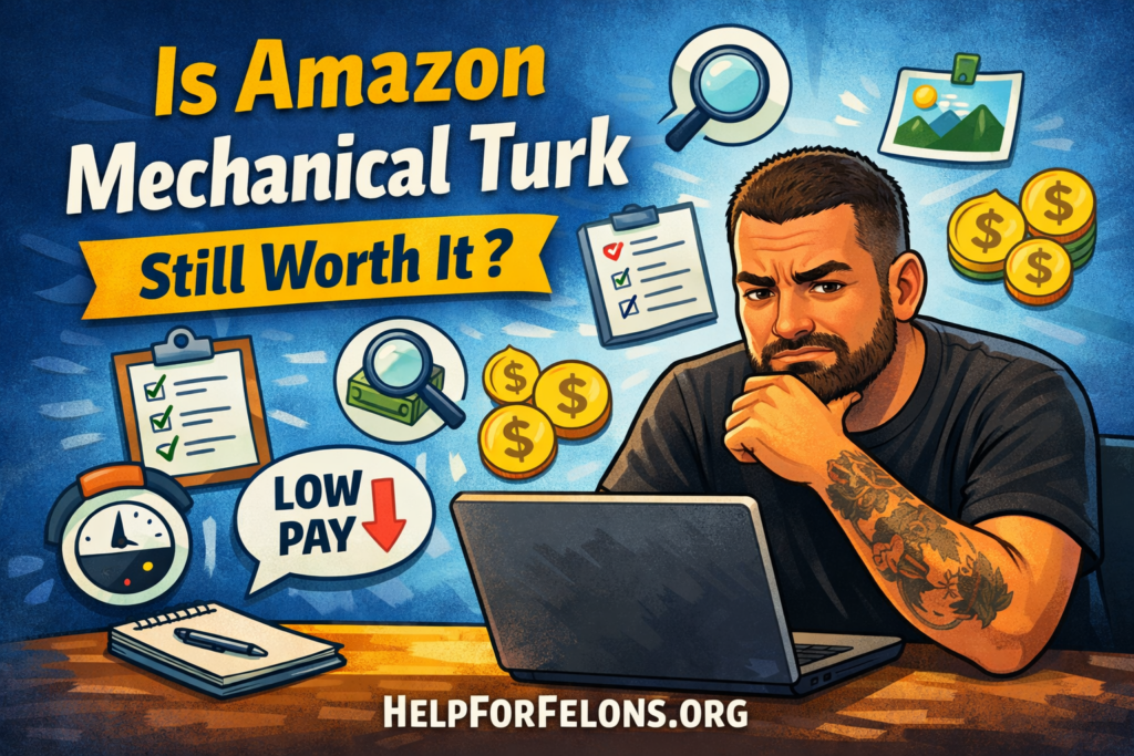 Wide cartoon style hero image for an Amazon Mechanical Turk article showing a skeptical man sitting at a laptop surrounded by task icons, checklists, money symbols, and a low pay warning, with headline text asking if Amazon Mechanical Turk is still worth it and a visible HelpForFelons.org watermark