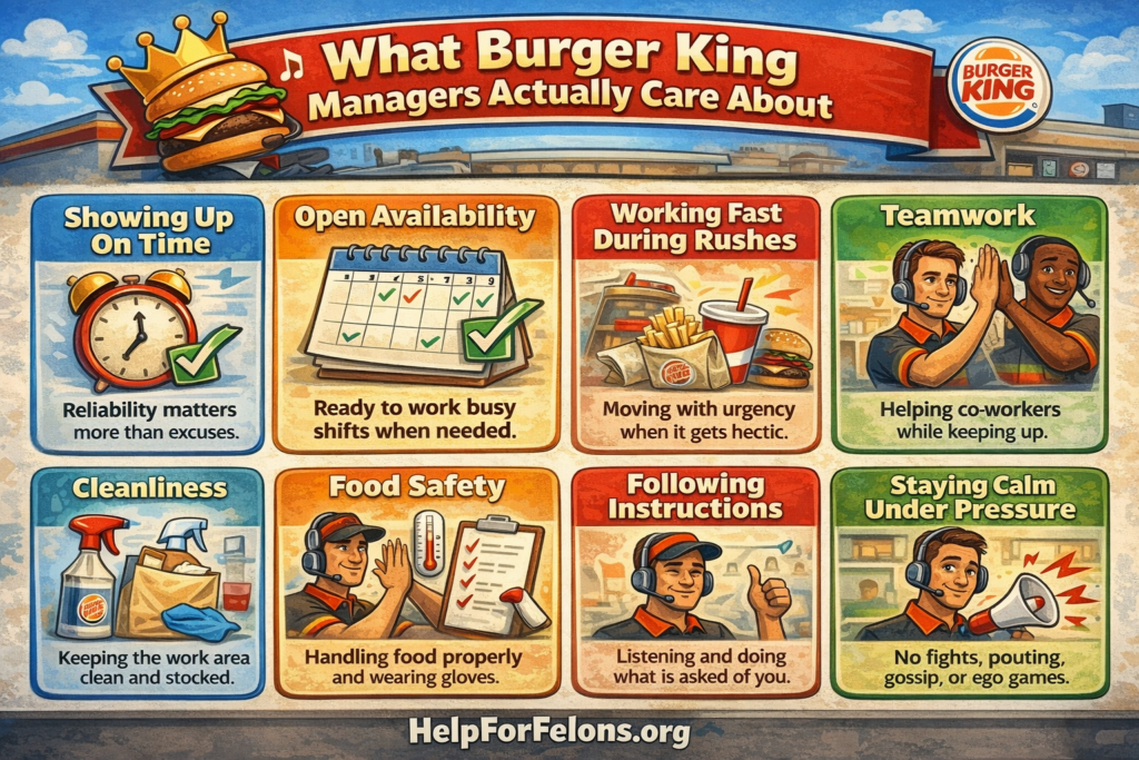 Cartoon style infographic titled What Burger King Managers Actually Care About, showing hiring priorities like showing up on time, open availability, working fast during rushes, teamwork, cleanliness, food safety, following instructions, and staying calm under pressure, with Burger King themed restaurant elements and a visible HelpForFelons.org watermark.