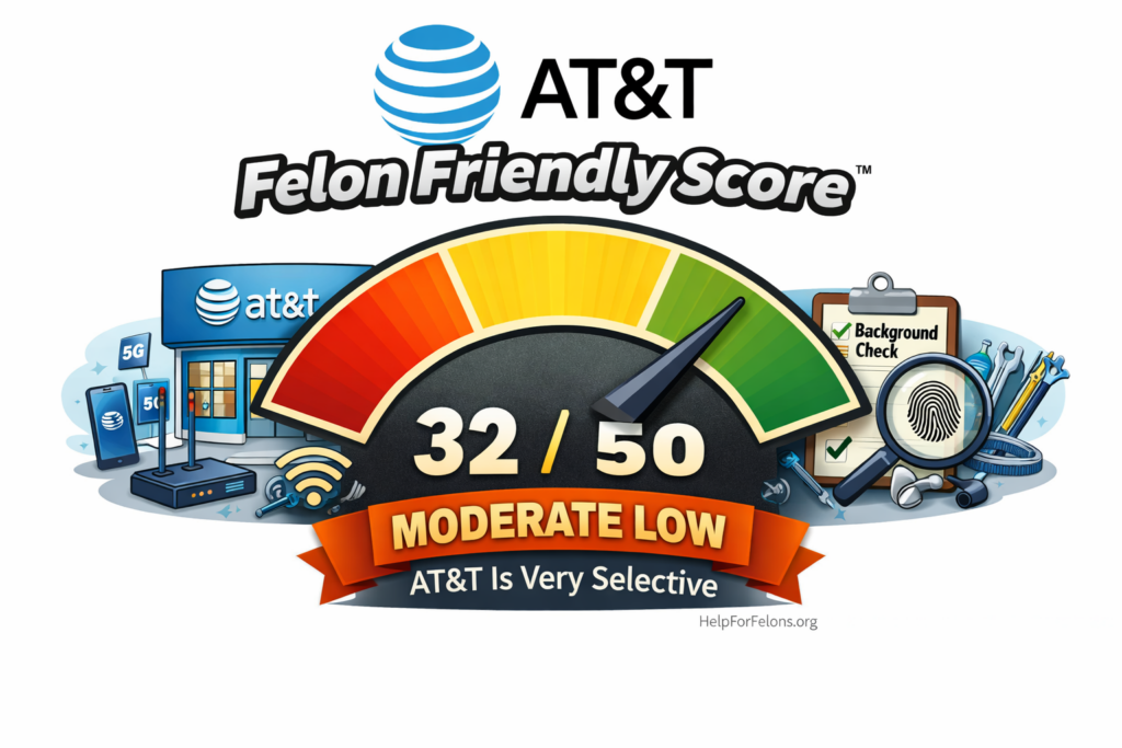 Cartoon style AT&T Felon Friendly Score™ meter showing 32 out of 50 in the moderate low range, with a gauge needle near the yellow and green area, plus an AT&T style store, phone and internet icons, background check clipboard, fingerprint magnifying glass, and a visible HelpForFelons.org watermark.