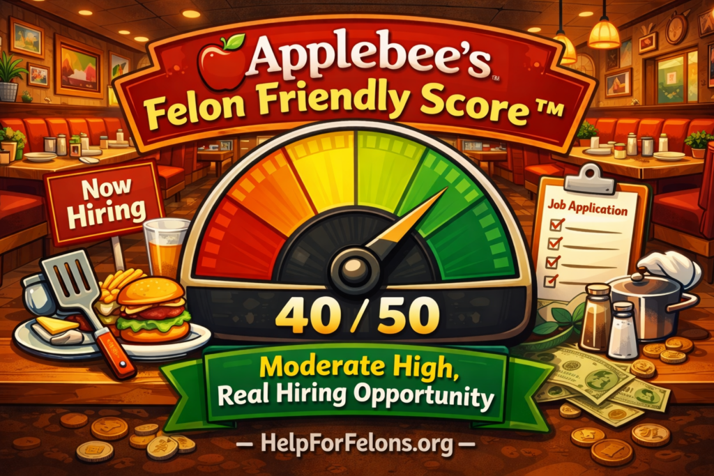 Alt text: Cartoon style Applebee’s Felon Friendly Score meter graphic showing a score of 40 out of 50 in the moderate high range, with a restaurant dining room background, now hiring sign, food, kitchen tools, job application clipboard, and HelpForFelons.org watermark.