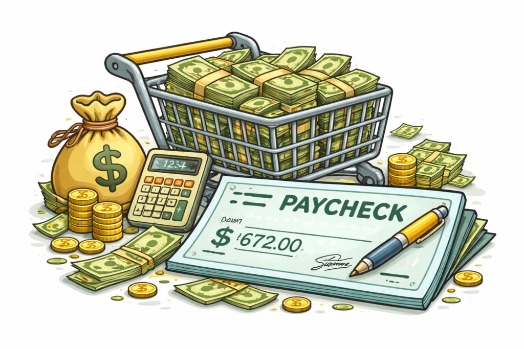 Cartoon-style illustration of a shopping cart filled with cash next to a paycheck, calculator, money bag, coins, and bundled bills. The image has a clean, simple payday theme and works well for a Dollar General pay scale or wages section, with a visible HelpForFelons.org watermark.