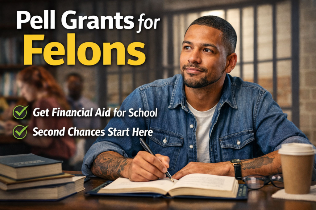 Hero image for Pell Grants for Felons article showing a hopeful adult man studying at a library table with books and a notebook, with bold text about financial aid, pell grants for felons and second chances in the background.