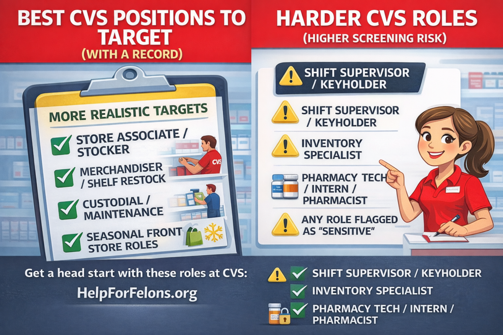 nfographic showing the best CVS positions to target for people with a criminal record. Left side lists more realistic roles including store associate, stocker, merchandiser, shelf restock, custodial, maintenance, and seasonal front store jobs. Right side lists harder CVS roles with higher screening risk including shift supervisor, keyholder, inventory specialist, pharmacy technician, intern, pharmacist, and other sensitive positions. HelpForFelons.org watermark appears at the bottom.