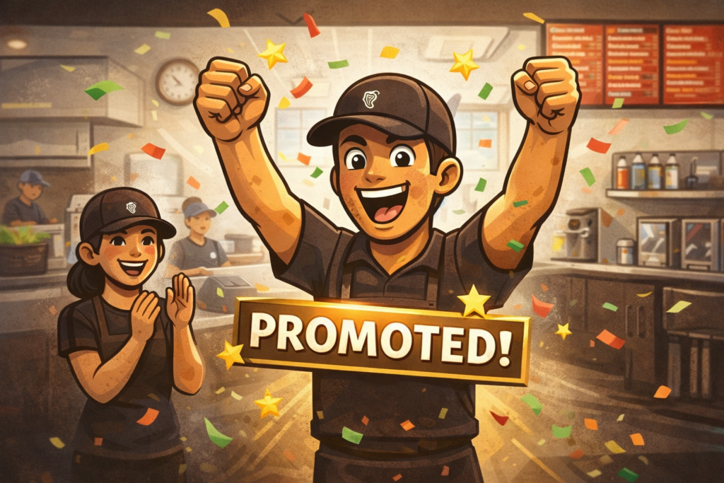 Cartoon style image of a Chipotle employee celebrating a promotion with both fists raised, confetti flying, coworkers cheering, and a large Promoted sign in the restaurant.