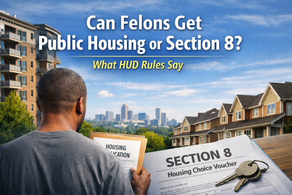 Man holding a housing application while looking toward apartment buildings and homes, with a large Section 8 housing choice voucher and keys in the foreground, representing public housing and rental assistance for people with felony records.