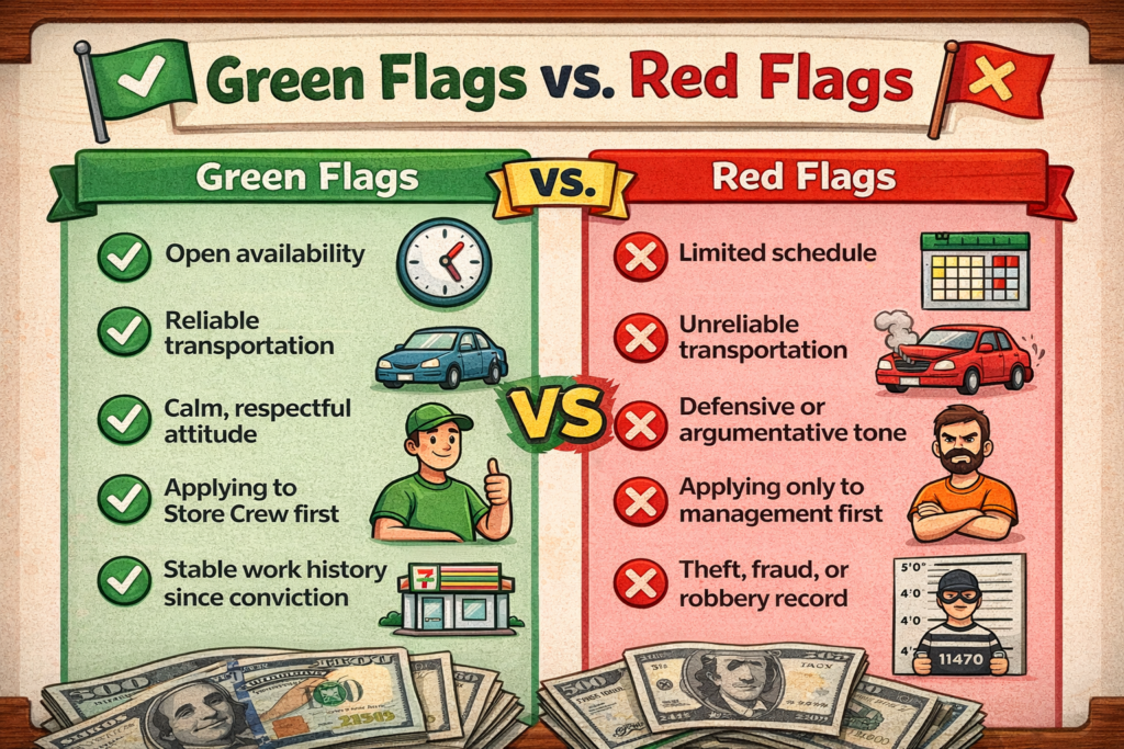Cartoon style Green Flags vs Red Flags infographic showing positive hiring signs on one side and negative hiring signs on the other, with checkmarks for open availability, reliable transportation, respectful attitude, applying for Store Crew first, and stable work history, plus warning icons for limited schedule, unreliable transportation, argumentative attitude, applying only to management, and theft or robbery related record.