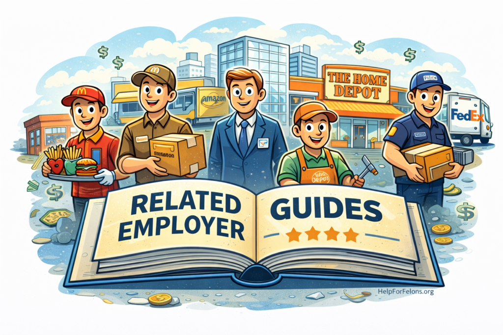 Cartoon style Related Employer Guides image showing an open book labeled “Related Employer Guides” surrounded by workers from different industries, including fast food, delivery, warehouse, retail, and corporate jobs, with store buildings, money icons, and a visible HelpForFelons.org watermark.