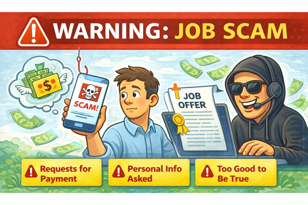 Wide banner image with bold text “Warning: Job Scam” showing a concerned job seeker holding a phone labeled “Scam,” a fake job offer on a laptop, and a suspicious figure in a hoodie. Warning icons highlight red flags like requests for payment, personal information, and offers that seem too good to be true.
