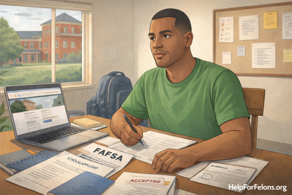 Man in a green shirt filling out FAFSA and scholarship forms at a table with a laptop and acceptance letter, representing a hopeful return to college after a felony, HelpForFelons.org watermark visible