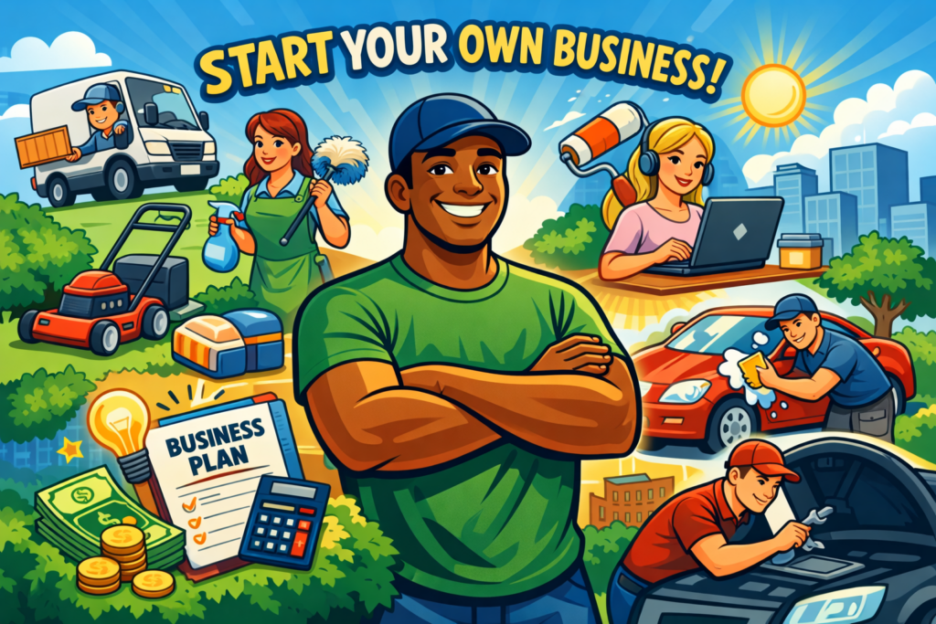 hero image showing a smiling man standing confidently at the center while different small business ideas surround him, including lawn care, house cleaning, delivery work, online work, car detailing, and mobile mechanic services, with a bright positive background and a visible HelpForFelons.org watermark.