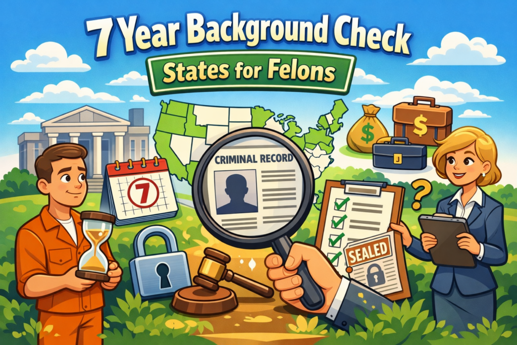 illustration showing a background check theme with a man holding an hourglass, a woman with a checklist, a magnified criminal record, a U.S. map, a padlock, a gavel, and sealed paperwork, representing seven year background check laws for people with felony records.