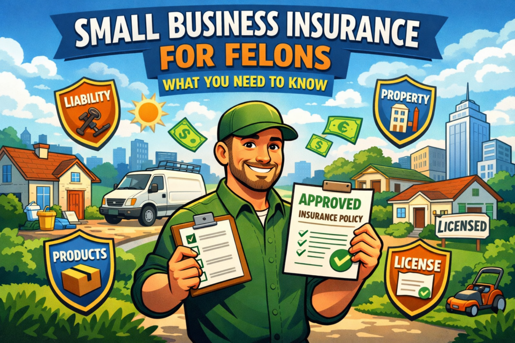 hero image showing a smiling small business owner holding approved insurance paperwork, surrounded by icons for liability, property, products, and licensing, with small business scenes like a work van, lawn mower, and homes in the background.