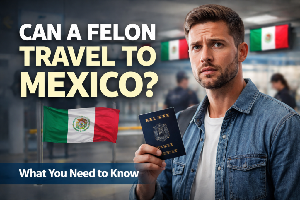 Serious man holding a passport in an airport while traveling to Mexico, with Mexican flags in the background and large text asking whether a felon can travel to Mexico.
