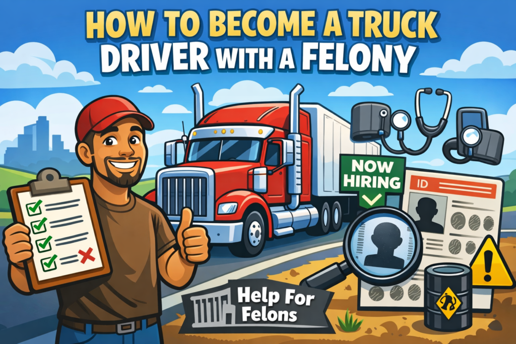 hero image showing a hopeful man with a checklist standing beside a red semi truck, with hiring, ID check, medical exam, and background screening symbols in the background, plus a visible HelpForFelons.org watermark.