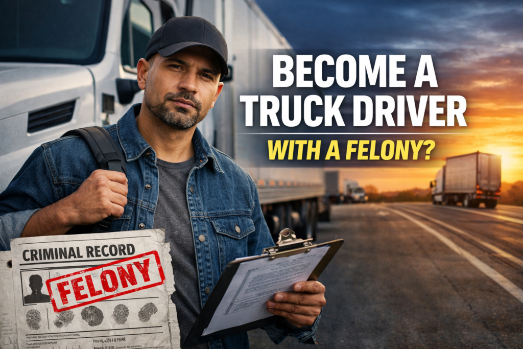 Hero image showing a determined man with a clipboard standing beside a semi truck on a highway at sunset, representing the question of whether someone with a felony can become a truck driver.