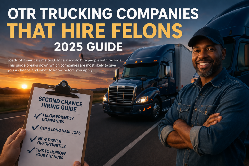 hero image showing several semi trucks driving down an open highway at sunset, with mountains in the background, a truck stop on the right, and a roadside sign suggesting a second chance trucking opportunity. Dramatic, hopeful trucking scene for an article about trucking companies that may hire people with felony records.
