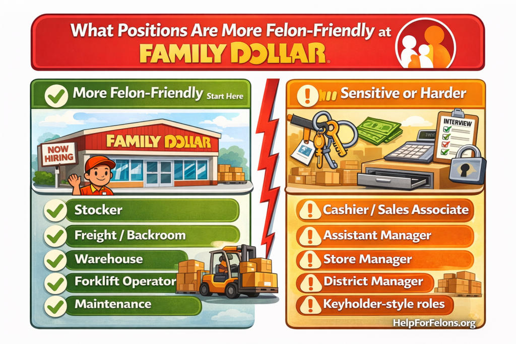 Infographic titled “What Positions Are More Felon-Friendly at Family Dollar?” showing two side-by-side sections. The left green section lists more felon-friendly roles such as Stocker, Freight/Backroom, Warehouse, Forklift Operator, and Maintenance. The right orange section lists more sensitive or harder roles such as Cashier/Sales Associate, Assistant Manager, Store Manager, District Manager, and Keyholder-style roles. The graphic includes Family Dollar-style store and warehouse illustrations, hiring and cash-handling visuals, and a visible HelpForFelons.org watermark