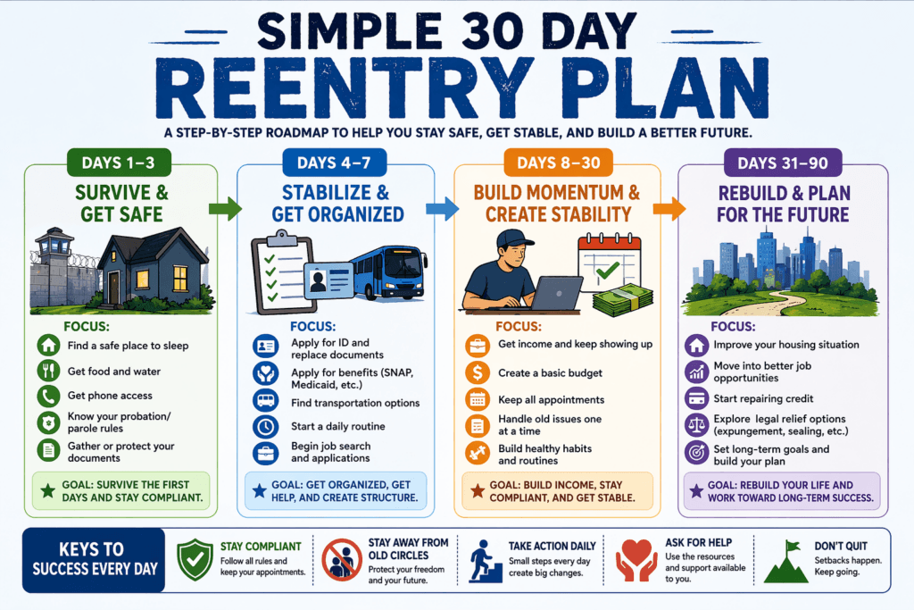 Colorful infographic titled “Simple 30 Day Reentry Plan” that breaks reentry into four stages, days 1 through 3, days 4 through 7, days 8 through 30, and days 31 through 90, with icons and action steps for safety, food, ID, transportation, job search, budgeting, appointments, housing, and long term planning.