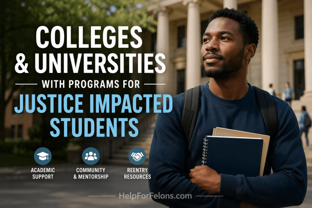 Professional college campus banner showing a student holding books outside an academic building, representing programs and support for justice impacted students returning to school.