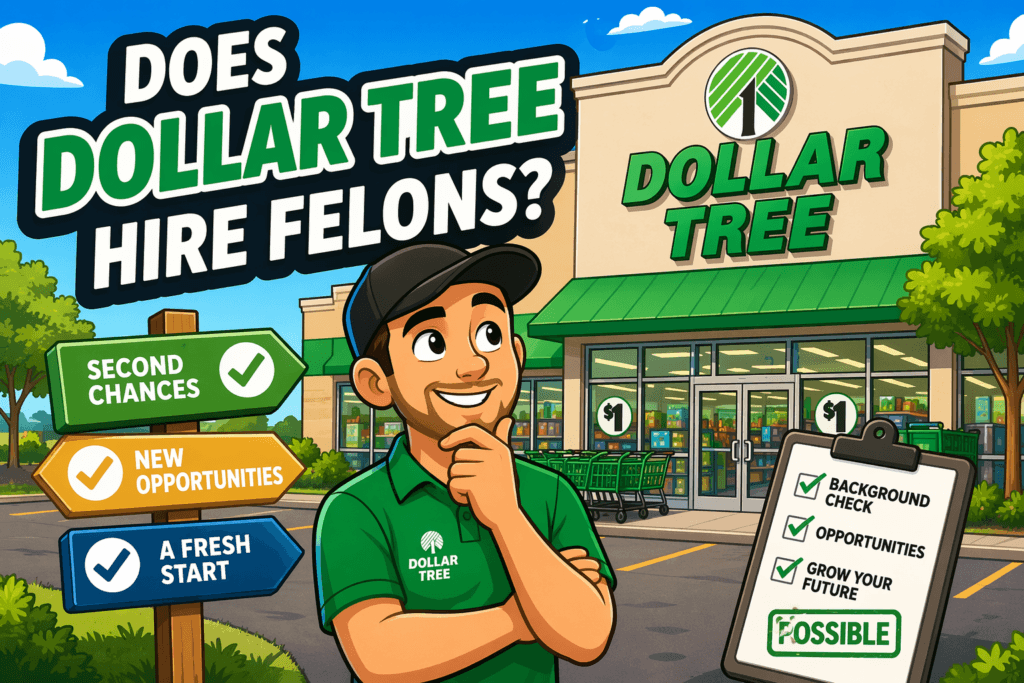 hero image showing a hopeful job seeker standing outside a Dollar Tree store with a clipboard, second chance signs, and bright storefront graphics about background checks, opportunities, and a fresh start.
