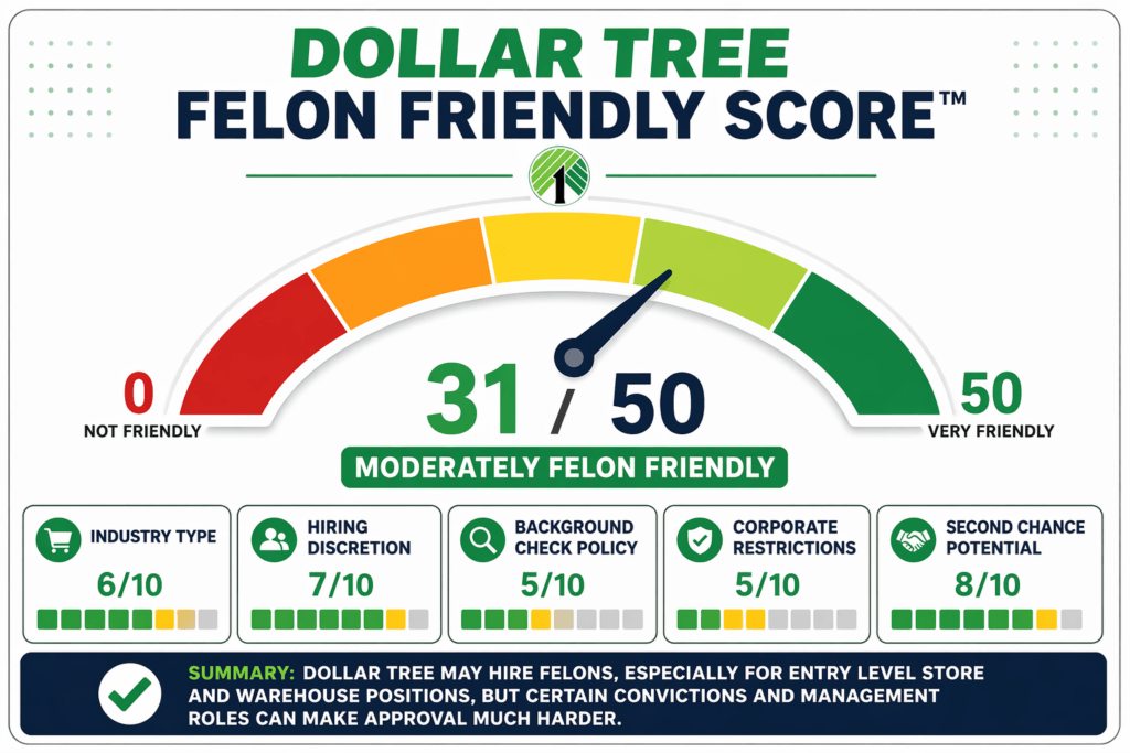 Infographic style Dollar Tree Felon Friendly Score™ meter showing an overall score of 31 out of 50, labeled moderately felon friendly, with category ratings for industry type, hiring discretion, background check policy, corporate restrictions, and second chance potential