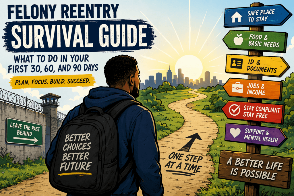 hero image for a felony reentry survival guide, showing a man with a backpack walking away from a prison wall and toward a bright city skyline, with colorful signposts for safe housing, food, ID, jobs, compliance, and mental health, symbolizing a fresh start.