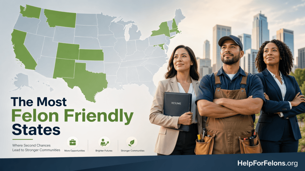 Professional hero image showing a U.S. map with selected states highlighted, alongside diverse job seekers in work and business clothing, representing second chance employment opportunities. Visible HelpForFelons.org watermark included.