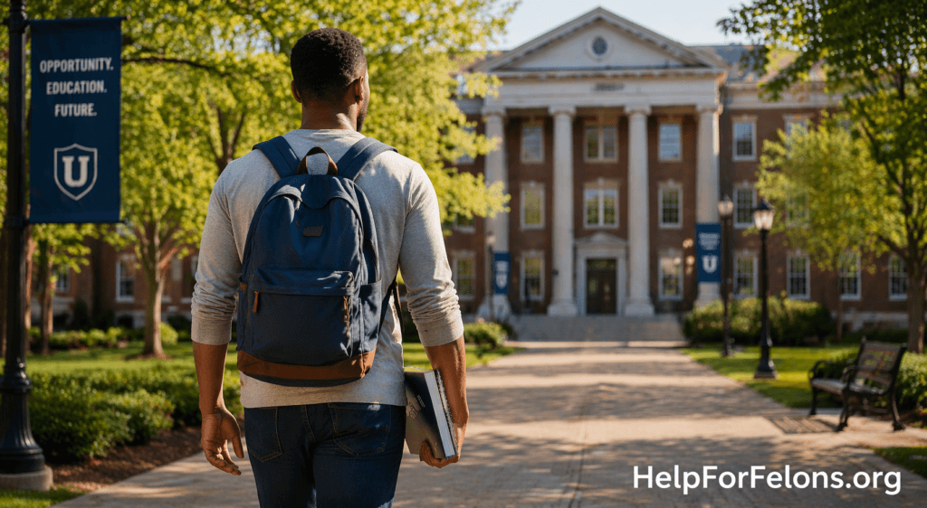 Adult student with a backpack and books walking toward a college building on campus, representing going back to college with a criminal record.