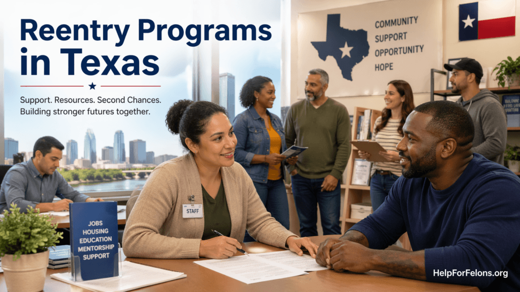 Professional hero image for Reentry Programs in Texas showing a welcoming community resource center where staff are helping adults with paperwork, job and housing support, and second chance services.