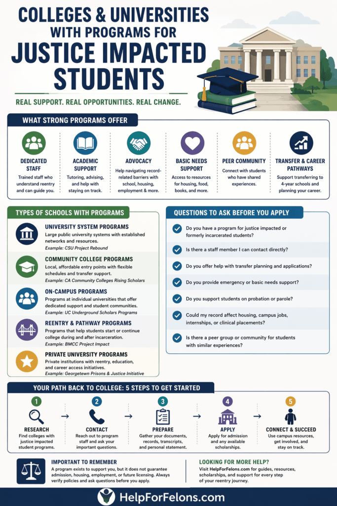 Professional infographic for justice impacted students showing what strong college support programs offer, the main types of schools with programs, key questions to ask before applying, and five steps to get started with college after incarceration