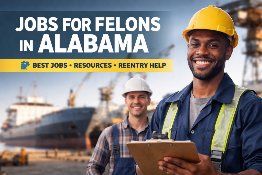 Two industrial workers stand in front of a busy Alabama shipyard with a large cargo ship and cranes in the background, promoting jobs, resources, and reentry help for felons in Alabama.