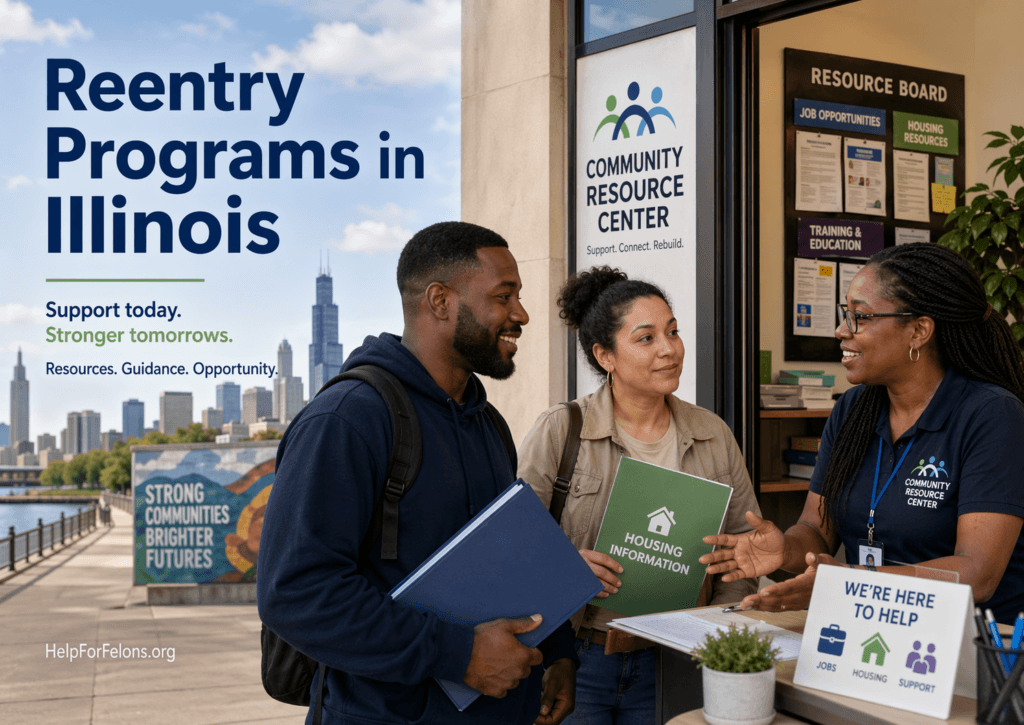 Professional hero image for Reentry Programs in Illinois showing three adults speaking with a staff member at a community resource center, with Illinois themed city skyline imagery, resource boards for jobs and housing, and a visible HelpForFelons.org watermark.