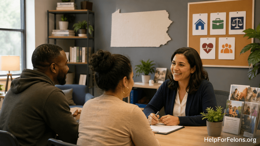 Professional hero image for Reentry Programs in Pennsylvania showing two adults meeting with a caseworker at a community resource center, with housing, job, legal, healthcare, and support icons in the background.