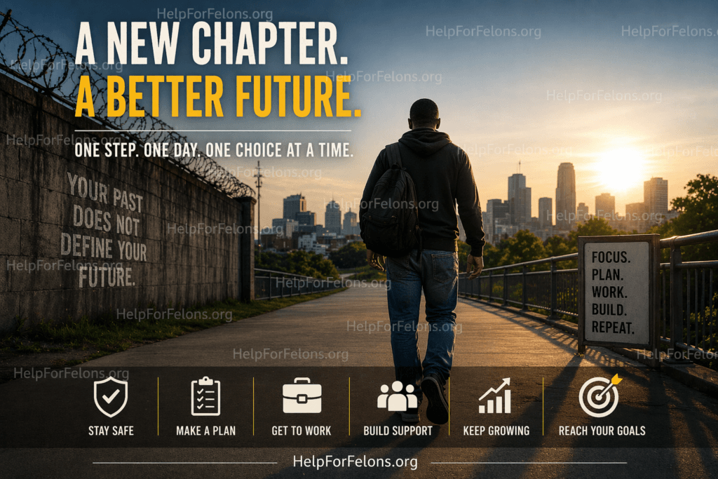 Inspirational reentry image showing a man with a backpack walking away from a prison wall and toward a city skyline at sunrise, with bold messages about starting a new chapter, building a better future, staying safe, making a plan, getting to work, and reaching goals.
