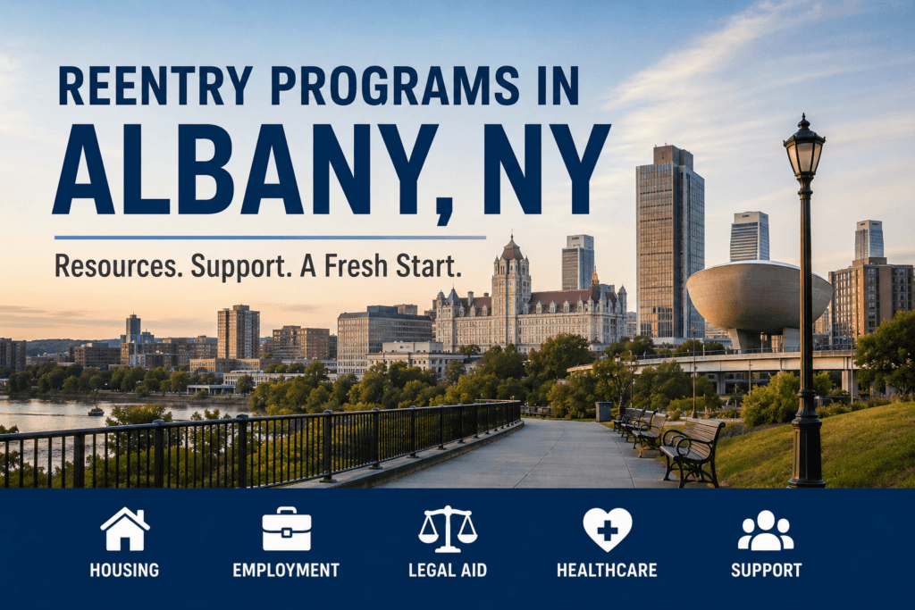Wide hero image for Reentry Programs in Albany, NY showing the Albany skyline, riverfront walkway, Empire State Plaza style buildings, and support icons for housing, employment, legal aid, healthcare, and community resources, branded with HelpForFelons.org.
