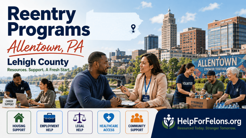 Reentry Programs in Allentown, PA hero image with downtown Allentown in the background, a Pennsylvania map marker for Lehigh County, a case manager meeting with a returning citizen, volunteers organizing food and supplies, and service icons for housing support, employment help, legal help, healthcare access, and community support, with visible HelpForFelons.org branding.