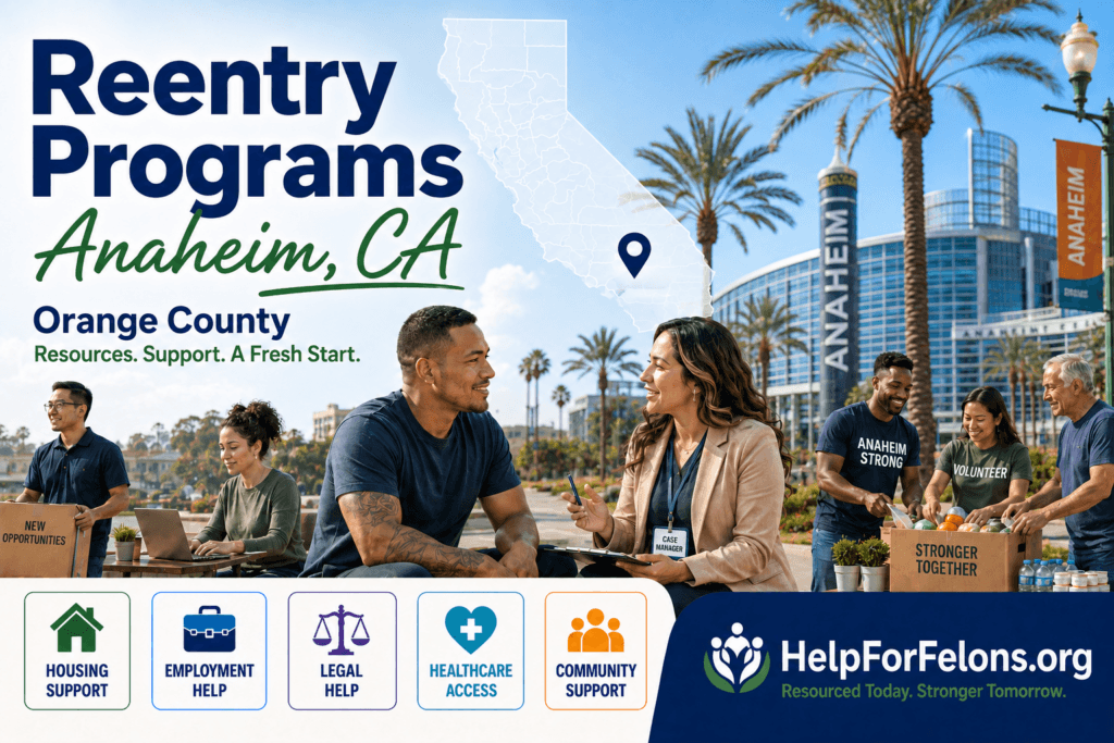 Wide hero image for a HelpForFelons.org Anaheim, CA reentry programs page showing the Anaheim Convention Center area, palm trees, a California map marker, a case manager speaking with a returning citizen, volunteers sorting food, and service icons for housing support, employment help, legal help, healthcare access, and community support.