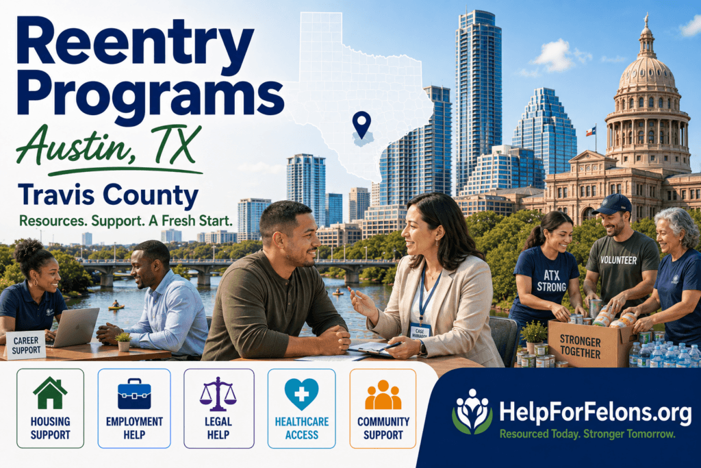 Austin, Texas reentry programs hero image for Travis County showing the Austin skyline, Texas State Capitol, Texas map with Austin location pin, a case manager helping a client, career support workers, community volunteers with supplies, and icons for housing, employment, legal, healthcare, and community support.