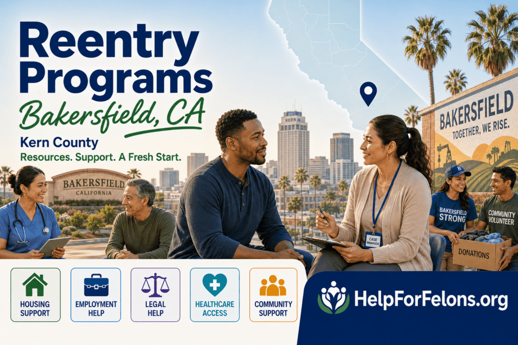 Hero image for Reentry Programs in Bakersfield, CA showing a hopeful community support scene with a Bakersfield skyline, palm trees, a California map marker, a case manager speaking with a man, healthcare and volunteer support scenes, service icons for housing, employment, legal help, healthcare, and community support, plus HelpForFelons.org branding.