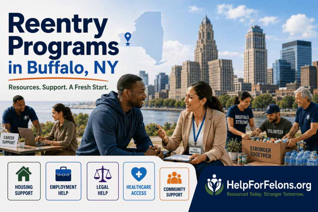 Buffalo, NY reentry programs hero image showing a city skyline and waterfront background with a case manager speaking to a man seeking support, volunteers organizing food and supplies, and service icons for housing support, employment help, legal help, healthcare access, and community support. The image includes the text “Reentry Programs in Buffalo, NY,” “Resources. Support. A Fresh Start.” and the HelpForFelons.org watermark